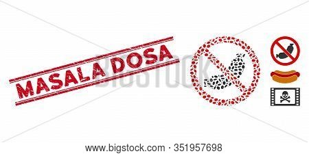 Distressed Red Stamp Seal With Masala Dosa Text Inside Double Parallel Lines, And Mosaic No Sausage 