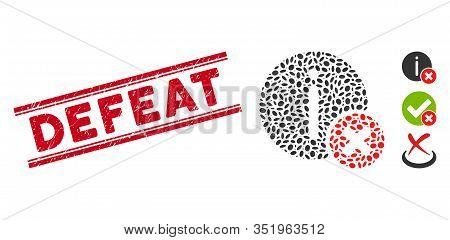 Rubber Red Stamp Watermark With Defeat Text Inside Double Parallel Lines, And Collage Incorrect Info