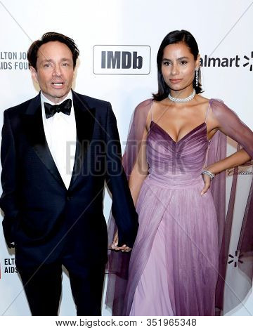 LOS ANGELES - FEB 9:  Chris Kattan, Cheyenne Gordon at the 28th Elton John Aids Foundation Viewing Party at the West Hollywood Park on February 9, 2020 in West Hollywood, CA