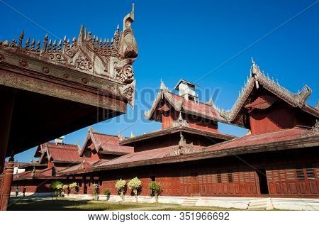 Mandalay royal Palace, Wooden carved buildings inside of palace compound, Myanmar