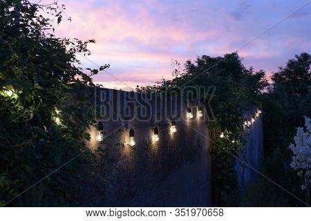 Trendy Globe String Lights Outdoor Hanging From Trees In Private Garden With Fence And Greenery In T