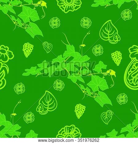 Vine And Flower Seamless Pattern Of Green Colors Tone Foliage Natural Branches, Green Leaves. Hand D