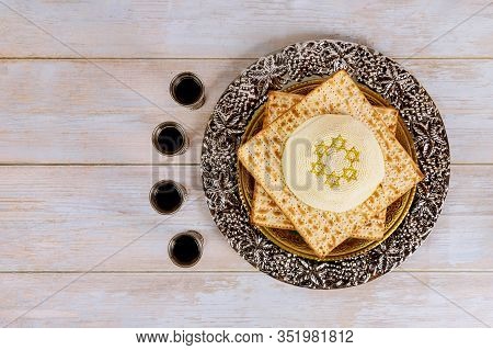 Passover Pesah Holiday Celebration, Matza Unleavened Bread And Four Cup Kosher Wine, Jewish