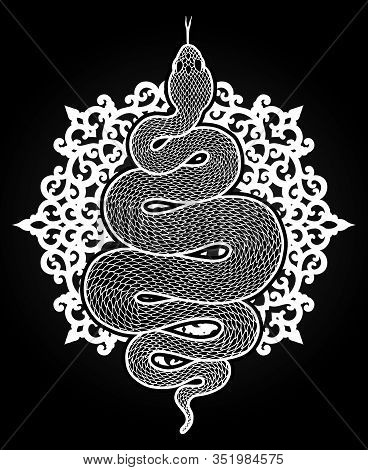 Coiled Snake Over Floral Mandala Detailed Illustration. Tribal Serpent In White Isolated Over Black 
