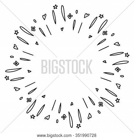 Abstract Doodle Vector Frame. Splash With Lines, Stars, Heart, Drops. Isolated On White Background. 
