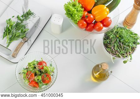 The Healthy Vegetarian Salad On White Table