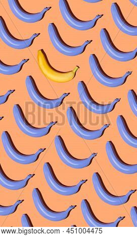 Graphic Top View Pattern Of Colored Banana Fruits In Diagonal Lines On Pastel Background, Healthy Ea