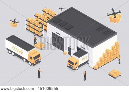 Warehouse Service Concept. Workers Load Trucks With Boxes, Trade And Logistics. Transportation Of Go