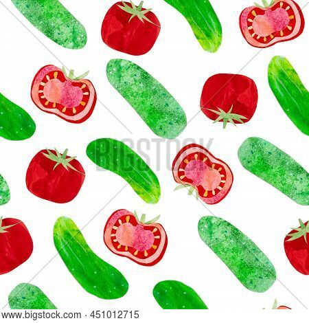 Hand-drawn Watercolor Tomato Cucumber Salad Seamless Pattern. Bright Cute Kawaii Kidcore Style Illus