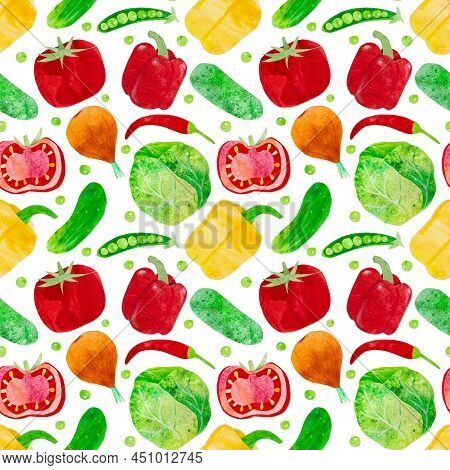 Hand-drawn Watercolor Vegetable Salad Seamless Pattern. Ingredients Such As Carrot, Beetroot, Cabbag