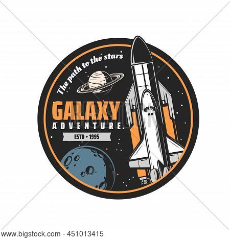 Spaceship In Galaxy Vector Round Icon With Space Rocket. Missile Booster Carrier With Shuttle On Boa