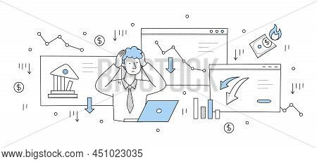 Financial Crisis, Economic Decrease, Bankruptcy Concept With Doodle Sad Man With Laptop, Down Graph 