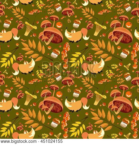 Autumn Forest Pattern With Cute Foxes, Mushrooms, Rowan Fruits And Leaves. Seamless Pattern For Fabr