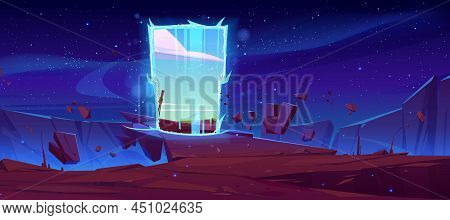 Magic Portal On Mountain Cliff With Flying Rocks Around. Fantastic Book Or Computer Game Scene, Fant