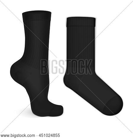 Realistic Black Mid Calf Socks Pair Mockup Worn On Leg Isolated On White Background Vector Illustrat