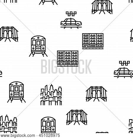 New York American City Landmarks Vector Seamless Pattern Thin Line Illustration