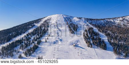 Aerial Top View Panorama Sheregesh Ski Lift Resort Winter, Mountain And Hotels, Russia Kemerovo Regi