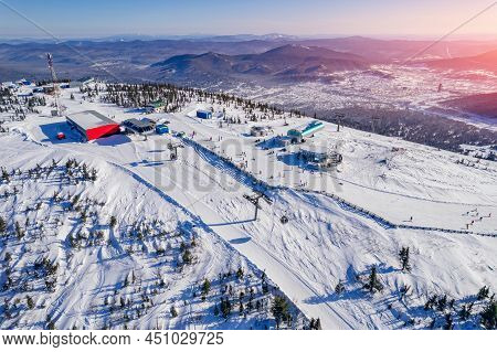 Sheregesh Ski Lift Resort Winter, Landscape Mountain And Hotels, Aerial Top View Russia Kemerovo Reg