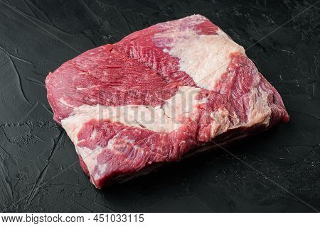 Brisket Flat Cut, Raw Beef Brisket Meat Set, On Black Stone Background
