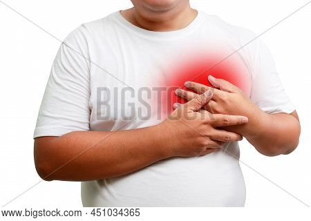 Fat Man Wearing White Shirt Put Your Hand On The Chest On The Left, He Had Difficulty Breathing. Ris