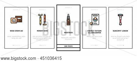 Cosmetics For Visage Skin Treat Onboarding Mobile App Page Screen Vector. Eyeshadow Palette Face Oil