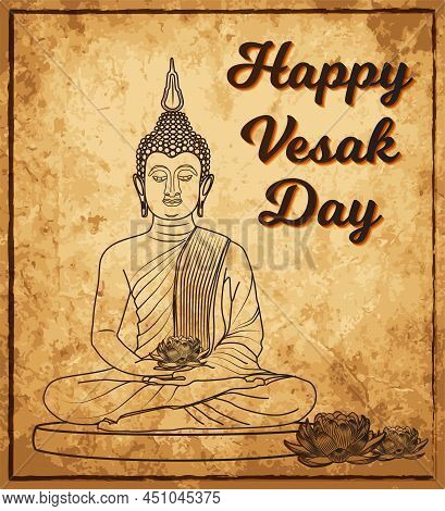 Vesak Day Banner With Gautama Buddha And Lotus Flower Poster Vector