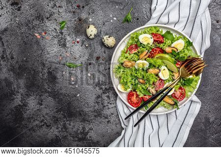 Fresh Salad With Mussels, Quail, Egg, Conjugate, Lime, Spinach, Lettuce, Cherry Tomatoes And Microgr