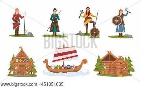 The Vikings. Viking Cartoon Characters. Drakkar, Wooden Sail Boat, Wooden House. Scandinavian Mythol