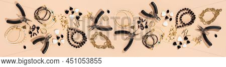 Tools And Accessories For Diy Jewelry In The Workplace. Flat Lay On Beige Background. Creative Flat