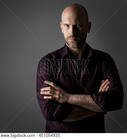 Handsome Fashion Man. Bearded Men Face Portrait In Shirt Over Dark Gray Background. Elegant Male Mod