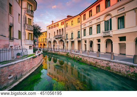 Treviso, Italy. Cityscape Image Of Historical Center Of Treviso, Italy At Sunrise.