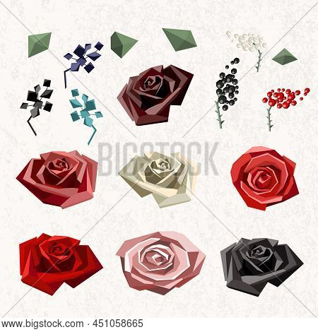 Roses, Leaves, Branches Of Berries In Low Poly Style. Diy Clip Art Elements. Vector Illustration.
