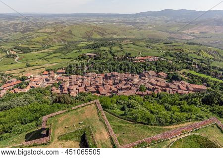 Narrow Streets Of Old Little Radicofani Village With Tiled Roofs And Church (view From The Castle Wa