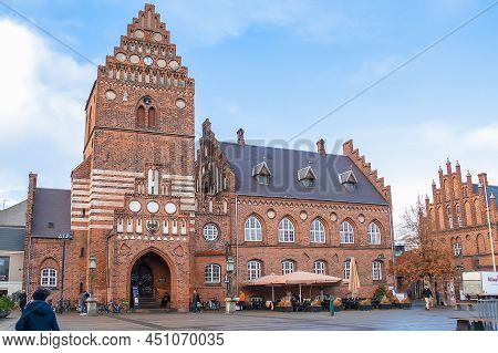 Roskilde, Denmark - November 23, 2021. Roskilde Downtown With Roskilde City Hall