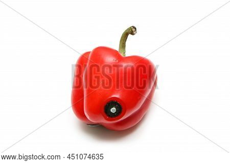 The Uneatable Red Sweet Paprika With Small Rotten Part Isolated In A White Background.