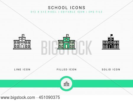 School Icons Set Vector Illustration With Solid Icon Line Style. City Building Concept. Editable Str
