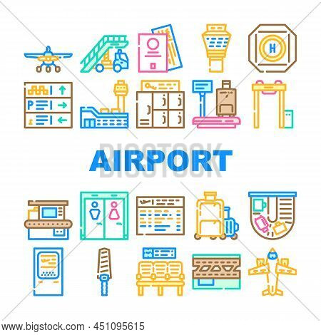 Airport Electronic Equipment Icons Set Vector. X-ray Security Technology For Scanning Traveler Bagga