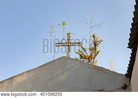 Nazareth, Israel, February 12, 2022 : Large Metal Cross On The Roof Of The Greek Orthodox Metropolit