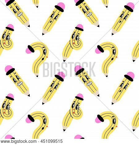 Yellow Cartoon Pencil Seamless Pattern. Twisted And In Question Form, Funny Faces With Emotions, Pin