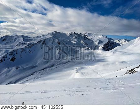Skitour In Davos. Ski Mountaineering On The Chorbschhorn From The Strela Pass. Winter Landscape In T