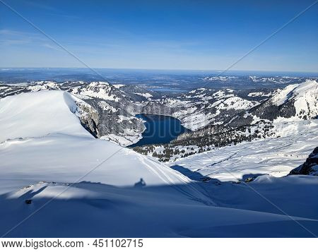 Beautiful Mountain Panorama From The Mutteristock Summit To The Wagitalersee In The Canton Of Schwyz