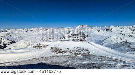 Large Winter Landscape Panorama Picture Winter Above Davos On The Chorbschhorn Graubunden. Ski Touri