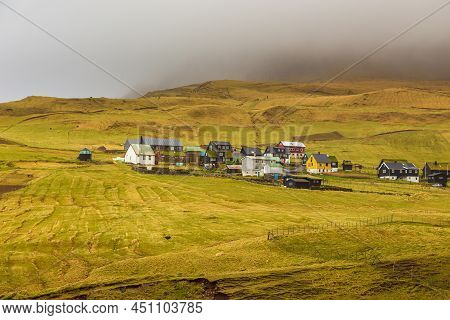 View Of The Gasadalur On Vagar Island. A Small Village Situated On The Slope Of A Hill. Vagar, Faroe