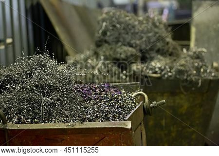 Big Steel Containers With Steel Swarf And Fillings, Close-up With Selective Focus