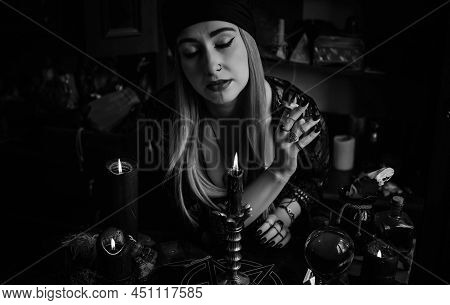 Shaman Woman Doing Ritual Magic For Helping. Concept Of Pagan Or Wicca Magic. Old And New World