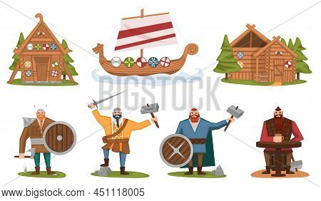 The Vikings. Viking Cartoon Characters. Drakkar, Wooden Sail Boat, Wooden House. Scandinavian Mythol