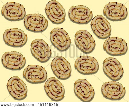 Cake Slices On Yellow Background. Pastry Abstract Background, Cake Slices Flat Lay Isolated. Top Vie
