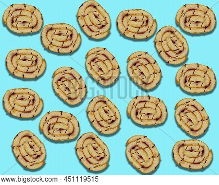 Cake Slices On Blue Background. Pastry Abstract Background, Cake Slices Flat Lay Isolated. Top View