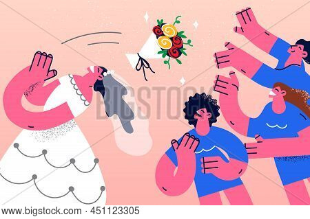 Smiling Young Bide In Wedding Dress Throw Flowers Bouquet To Excited Bridesmaids At Celebration. Hap