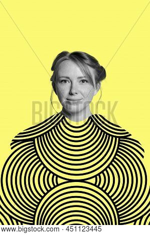 Creative Design. Young Tender Woman With Line Art Half Circle Clothing Drawings Isolated Over Yellow